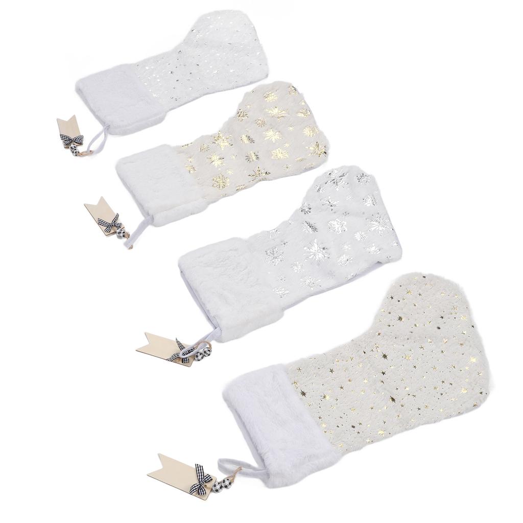 4pcs Stockings Decoration Snowflake Pattern Hot Stamping Technology Xmas Stockings with Wood Tags