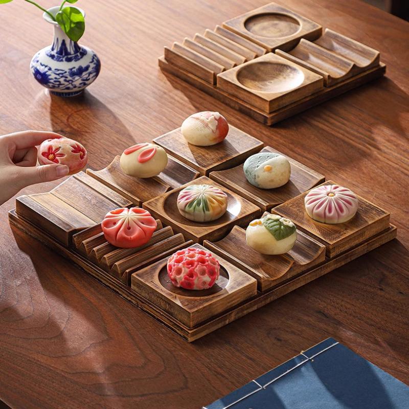 Japanese Wooden Snack Tray 9-Compartment Dessert Platter Specialty Plates for Mooncakes and Pastries Restaurant Tableware Set