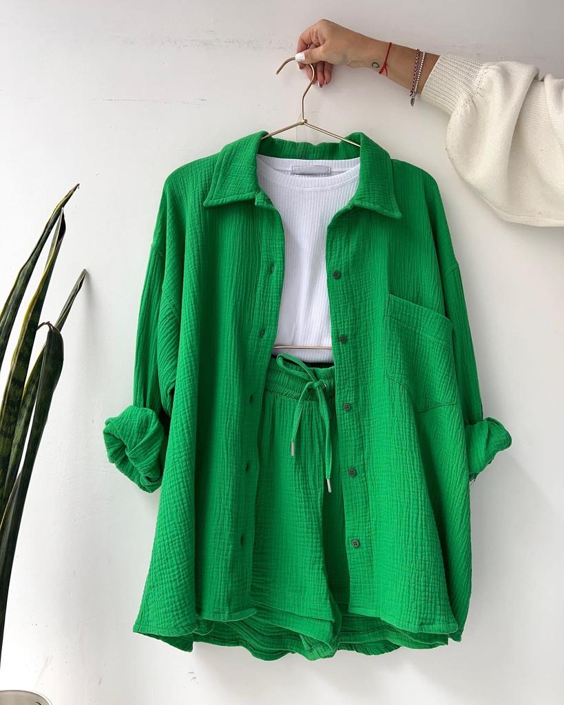 European and American Women's Plus Size Two-Piece Crinkled Set: Long Sleeve Turn-Down Collar Shirt & High Waist Drawstring Shorts.