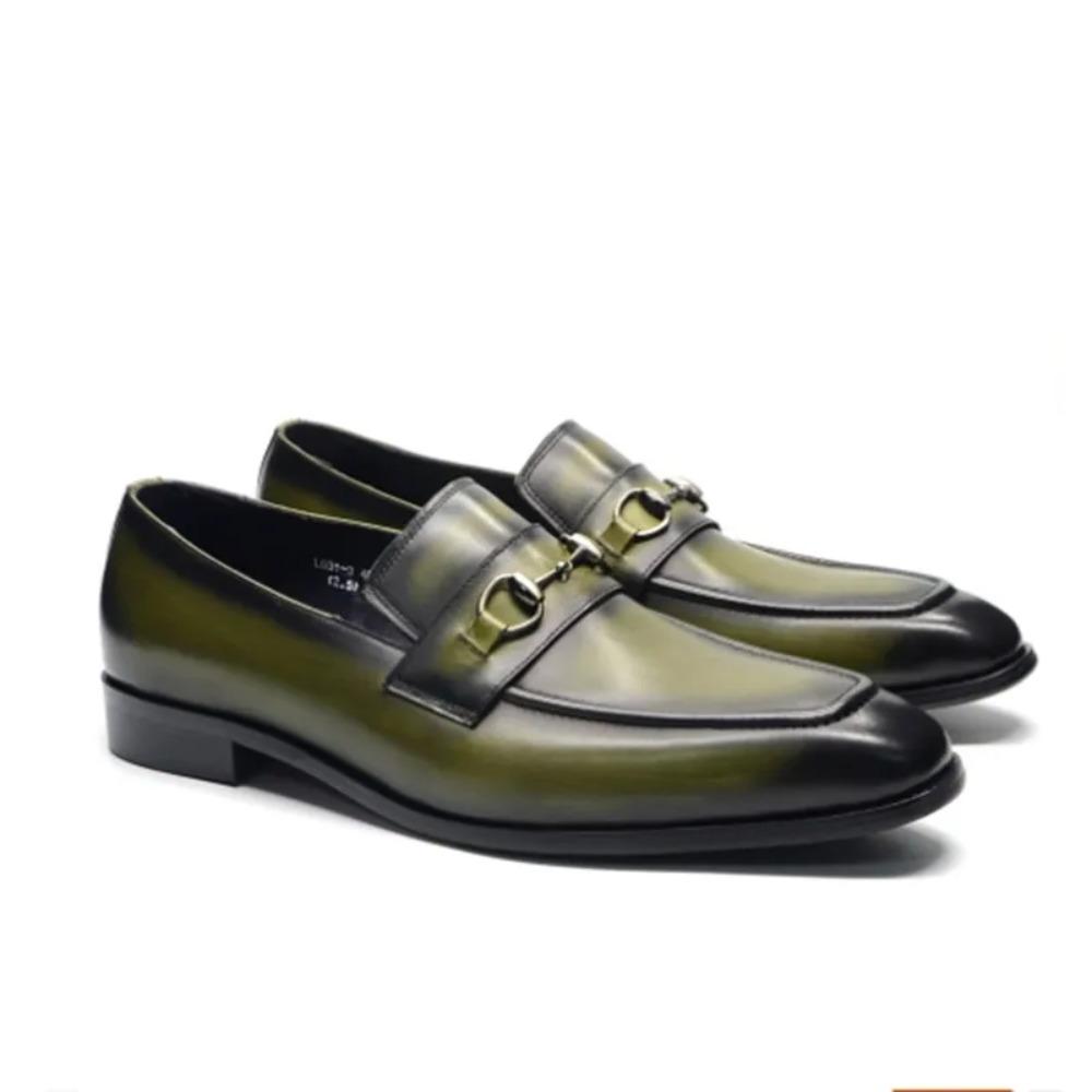 European Classic Mens Wedding Dress Shoes Genuine Leather Horsebit Loafer Shoes Green Casual Business Party Formal Shoes for Men cm