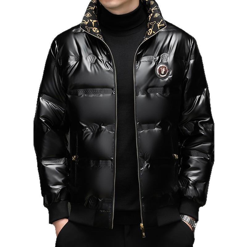 Jaqueta de Penas Brilhante com Gola Alta Masculina 2025 - Grossa, Quente, Roupa de Trabalho com Emblema