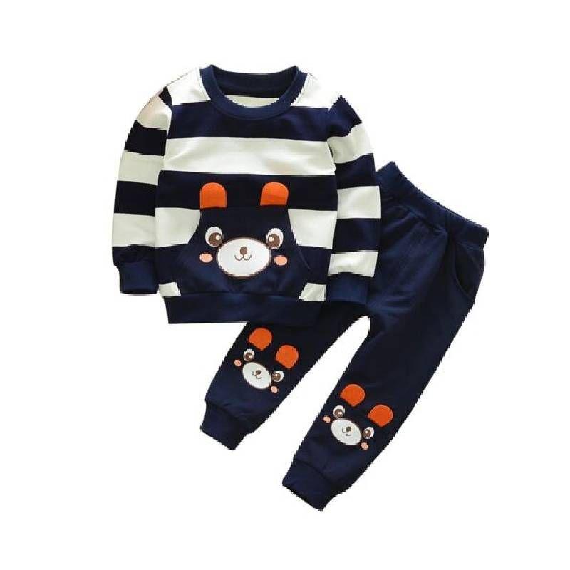 Stylish Bear Stripe 2pcs Toddler Kids Baby Boy Girl Sweater Coat Tops+pants Outfits Clothes Set