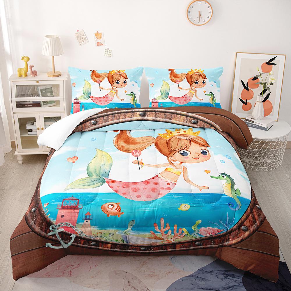 Colored Mermaid Girl Bedding Duvet Cover for Baby Kids Children,Pink Blue Cartoon Mermaid Girl Princess Polyester Quilt Coverset