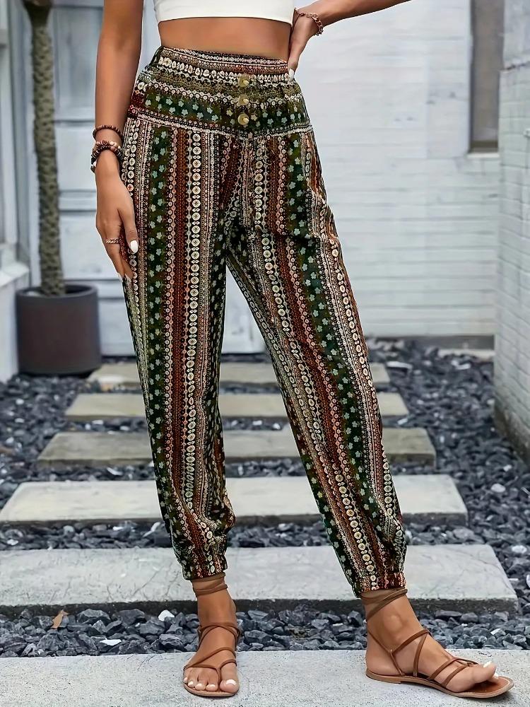 Frühling/Sommer Damen Böhmischer Ethno-Print Locker Schlankmachend Drapierte Elastische Taille Aufgeschlagene Lässige Hose
