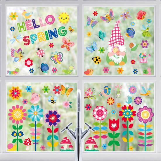 9 Sheets Hello Spring Window Clings Floral Gnome Butterfly Birds Bees Glass Stickers Reusable Static PVC Decals for Home Classroom Office Decor