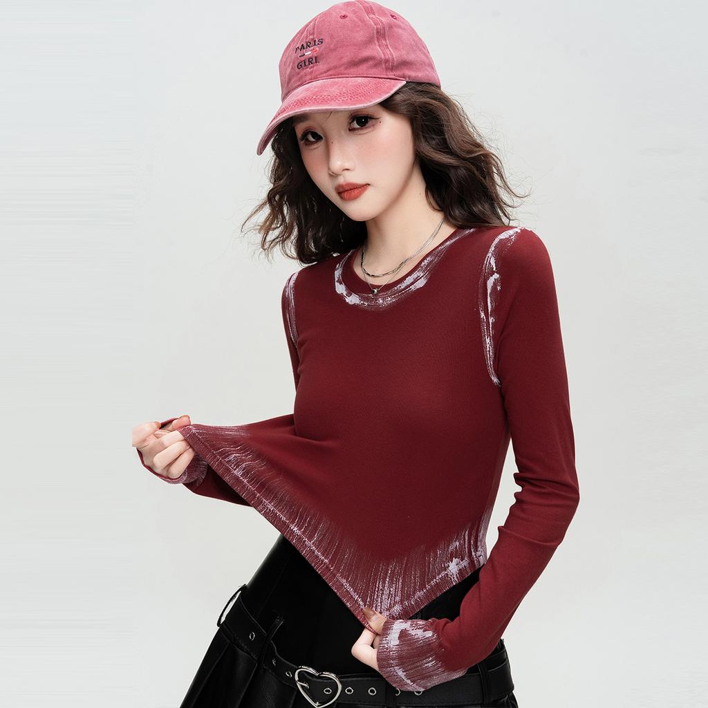 Color Brushing Craft Spicy Girl Short T-shirt Fashionable Spring and Autumn Style Personalized Long-sleeved Round Neck Slim Fit Inner Top