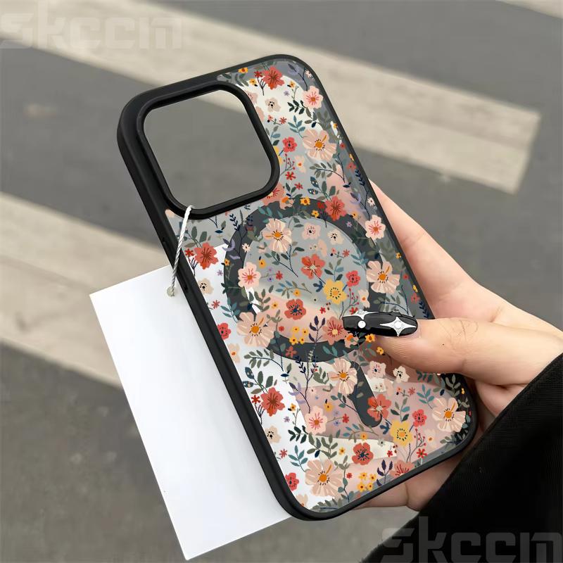 Niedliche Handyhülle mit Blumenmuster für iPhone 16 15 14 Pro Max 11 12 13 Pro 16E XS X XR Matt Magsafe Magnetische Drahtlose Ladeabdeckung