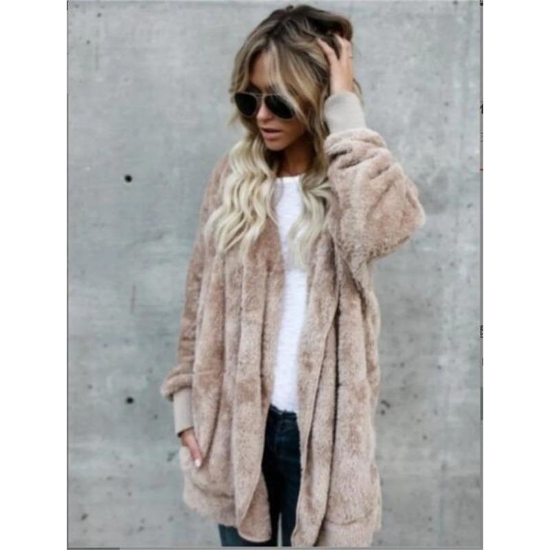 

Двойной флисовый кардиган куртка для женщин осень-зима однотонное длинное рукавное пальто большого размера плюшевое теплое женское пальто с капюшоном XL хаки