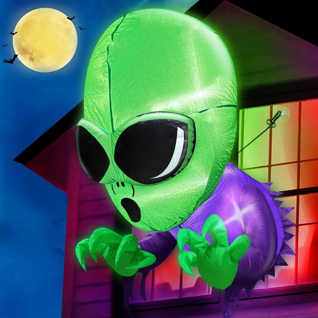 Halloween Decoration Inflatables Alien Broke Out from Window with Built-in LED Blow Up Inflatable for Scary Party Home Indoor Outside Yard Garden