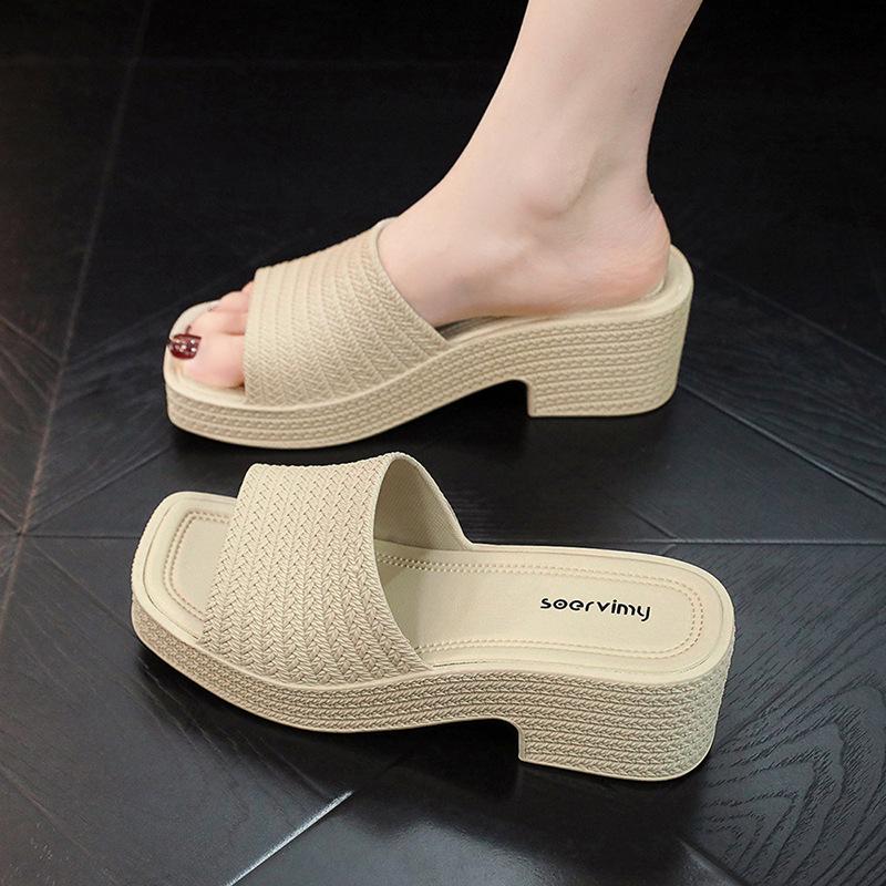 Women's Non-Slip Chunky Heel Slippers – Lightweight, Thick Sole, One-Strap Summer High Heels for Height Increase