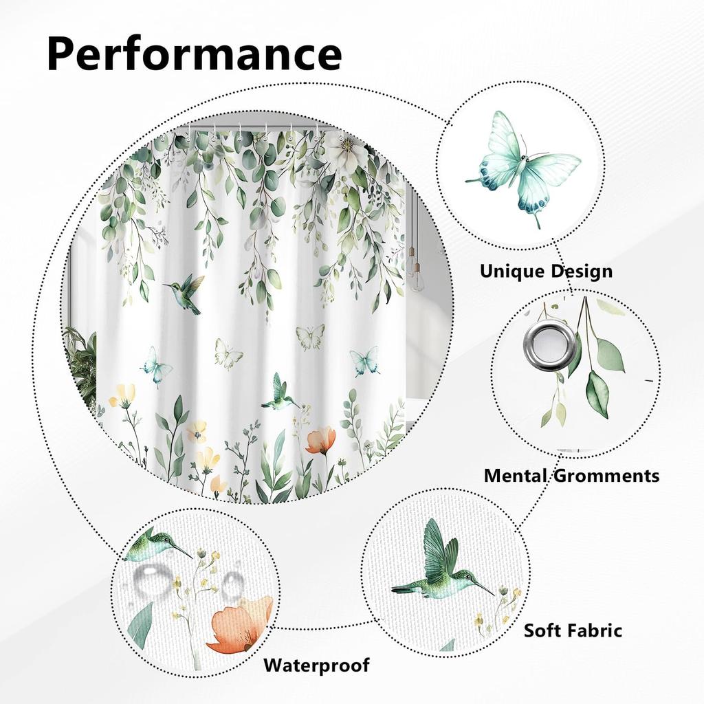 Botanical Shower Curtain With Hummingbirds And Butterflies, White With Green Leaves Shower Curtain Set, Floral Design Bathroom