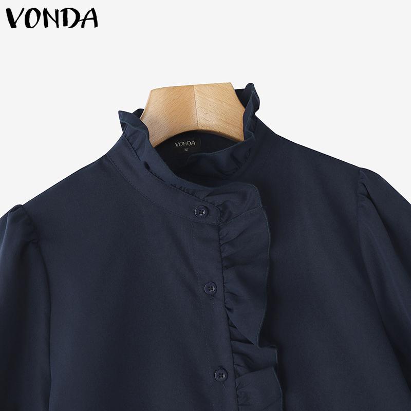 VONDA Women Ruffled Stand Neck Short Sleeve Buttons Up Casual Blouse
