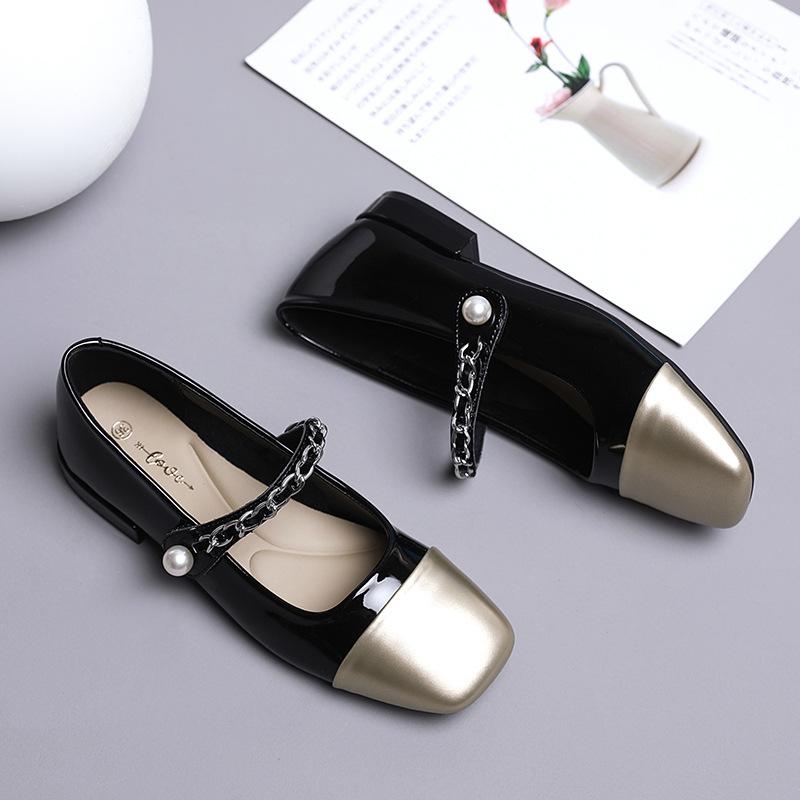 Fashion Luxury Gold/Silver Mary Janes Woman Low Heels Flats Shoes Chain Strap Ballet Loafers Female Cowhide Leather Patchwork Ballerinas