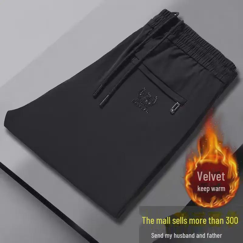 Men's Plus Velvet Thickened Elastic Waist Casual Sports Pants - Large Size Warm Straight Trousers for Autumn and Winter
