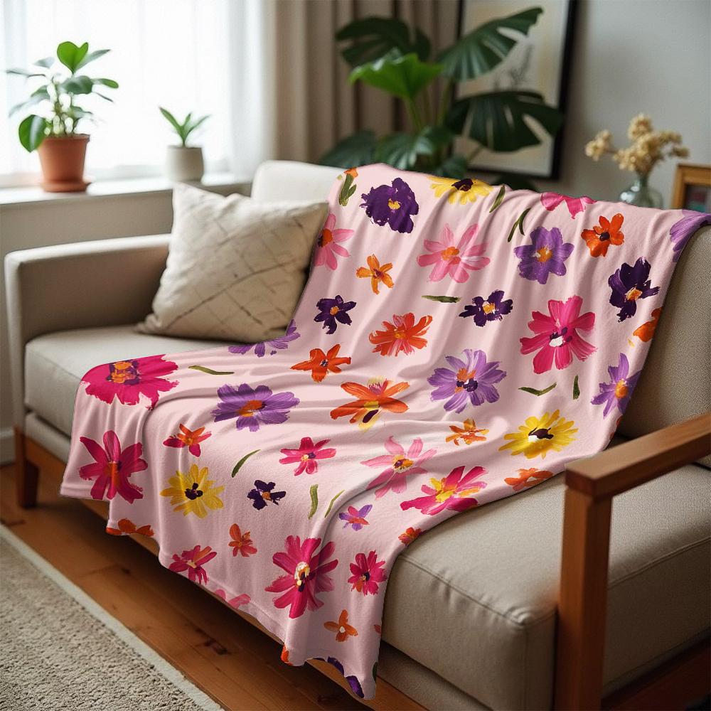Oil Paint Scatter Flower Soft Flannel Blanket Breathable Warm Throw for Office Car Sofa Kids Room Birthday Xmas Gift