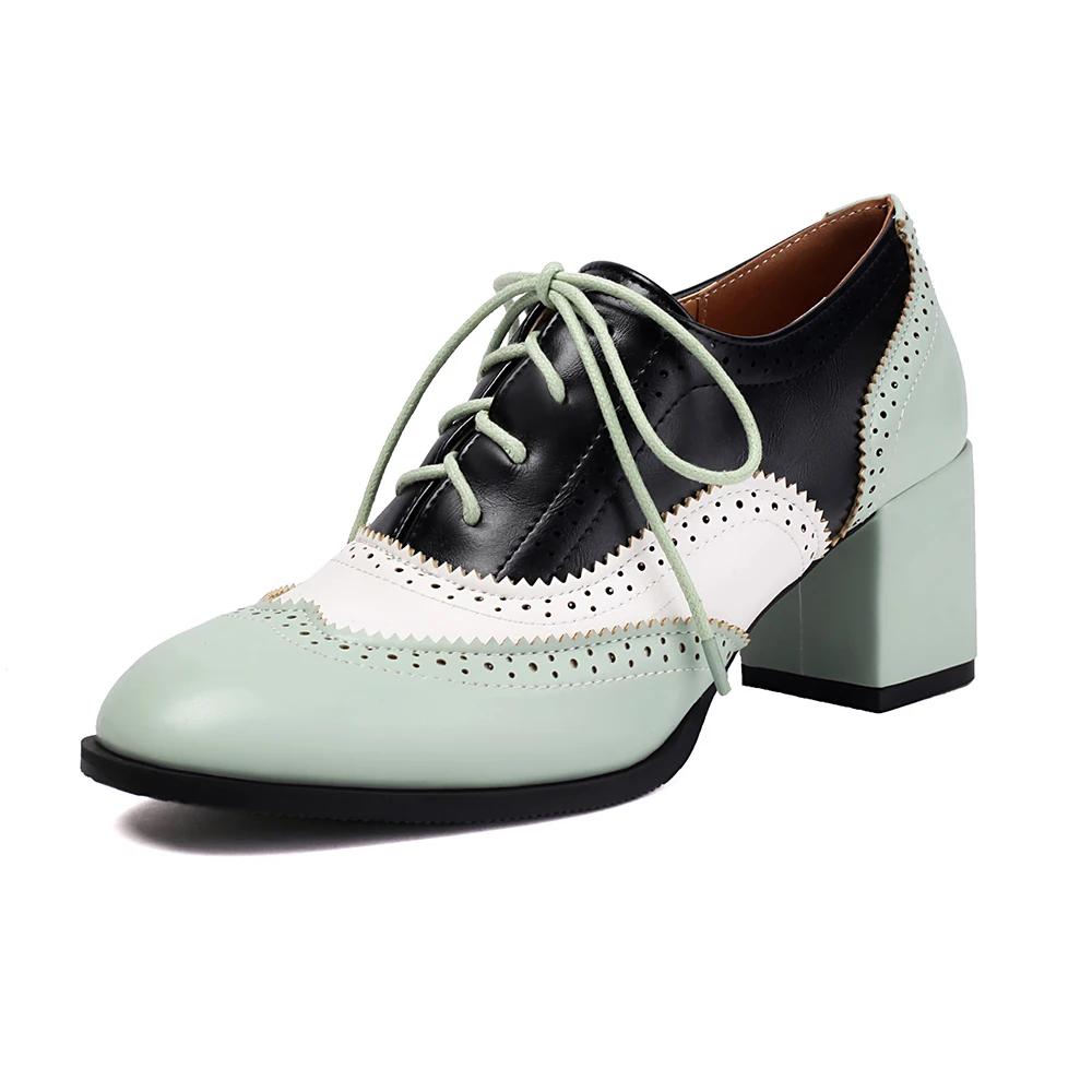 Vintage Casual Lace-up Shoes For Women Pumps Fashion Mixed Colors Women Lady PU Leather High Heels Single Shoe Big Size 34-46