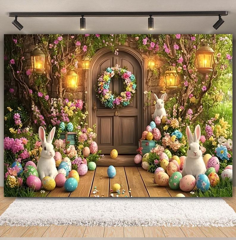 Easter white brick wall flower rabbit Easter egg shooting Backdrop spring flower wall children's birthday party banner Backdrop