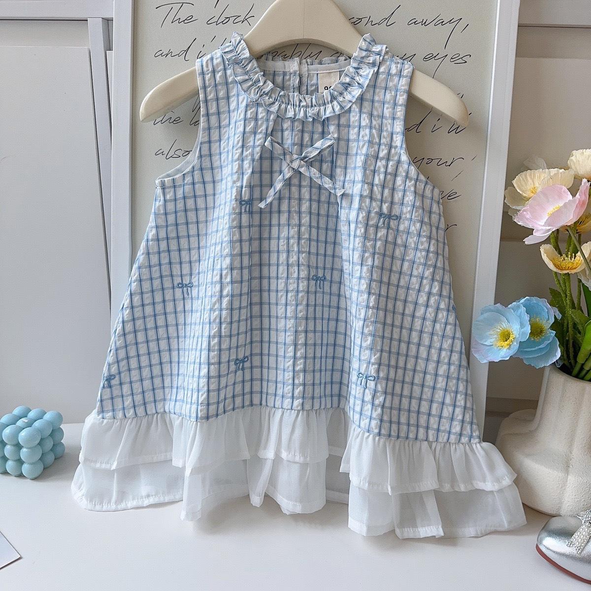 Summer Girls Plaid Sleeveless Dress With Embroidered Bow Casual Cute Princess Vest Dress For Little Kids 90cm
