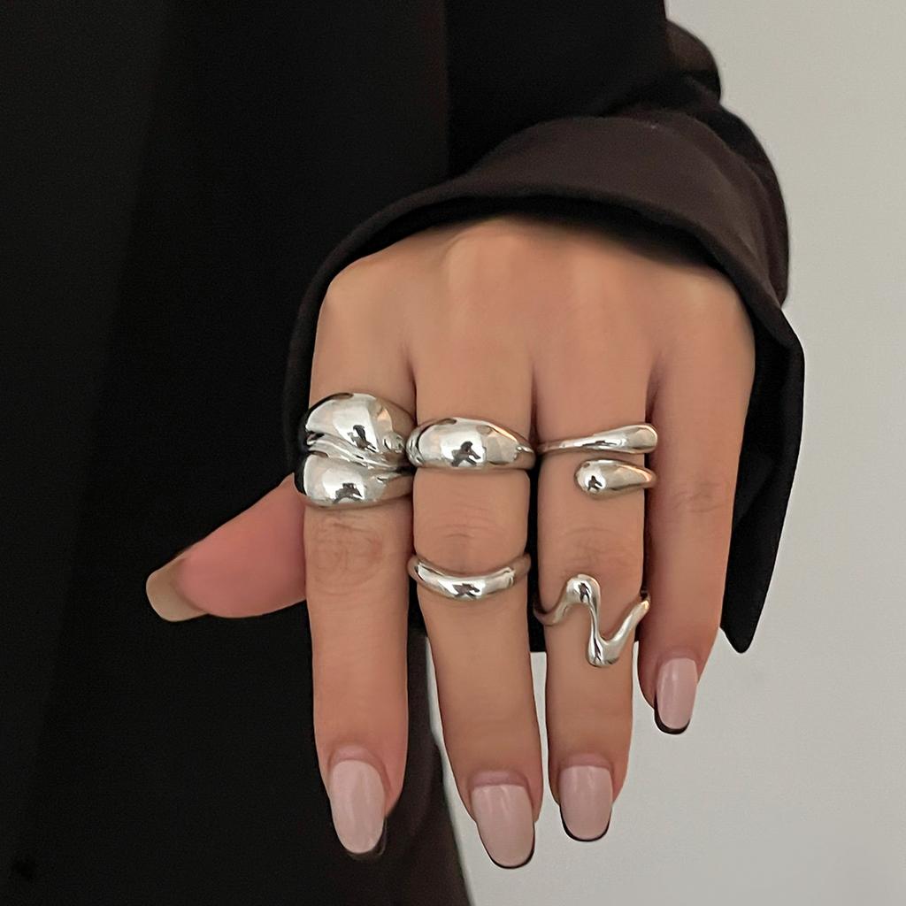 Landscape Water Drop Hug Open Ring, Liquid Metal Pleated Baroque Pearl Ring