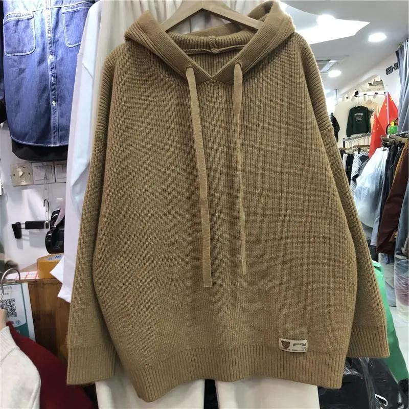 Sweater for Women Winter Solid Color Hooded Sweater for Women - Korean-style Loose-fit Casual Thick Pullover Knit Sweater