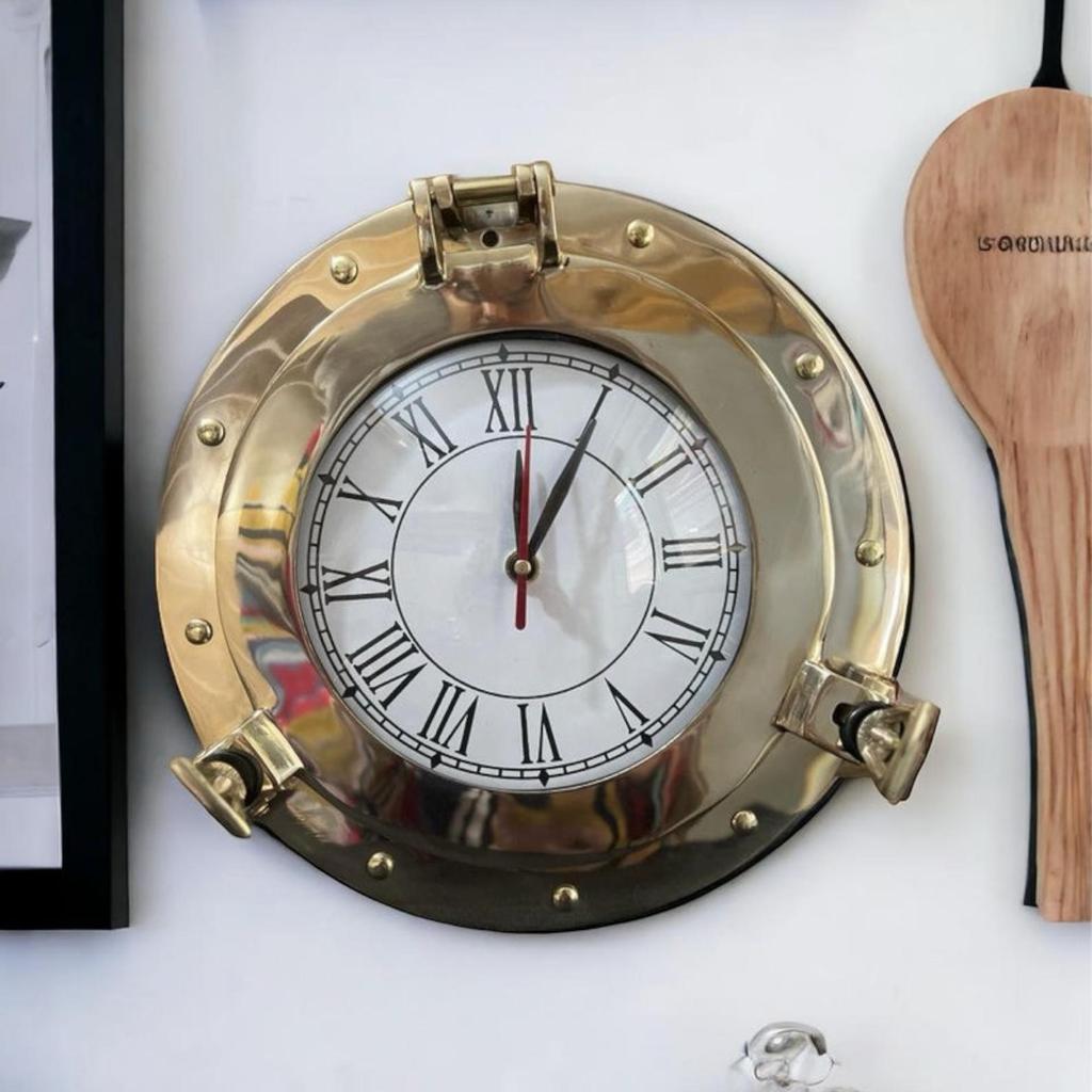 12-Inch Brass Antique Ship Porthole Clock - Nautical Marine Timepiece - Silent Analog Battery Quartz Wall Decor for Home & Office