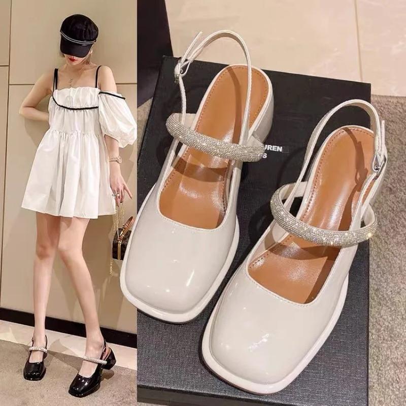 Jane Sandalen Elastikband Schuhe Geschlossene Zehe 2024 Damen Anzug Weiblich Beige Riemchenabsätze Slipper Neu Quadratisch Mode Schwarz