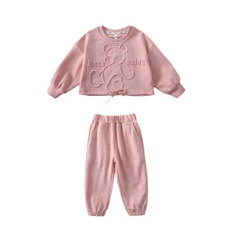 Girls Autumn Waffle Knit Long Sleeve Sweatshirt And Casual Pants Set Trendy Two Piece Outfit For Big Kids