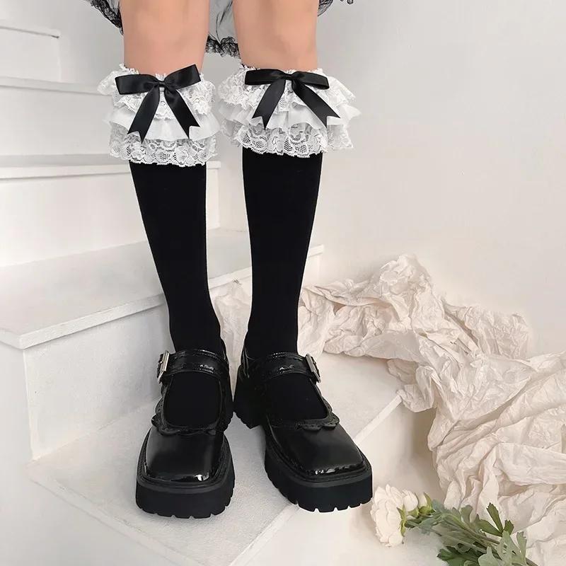 JK Lolita Women Stockings Y2k Girls Ruffle Long Socks Stockings Japanese Style Kawaii Bowknot Cute Lacework Knee Socks Stockings