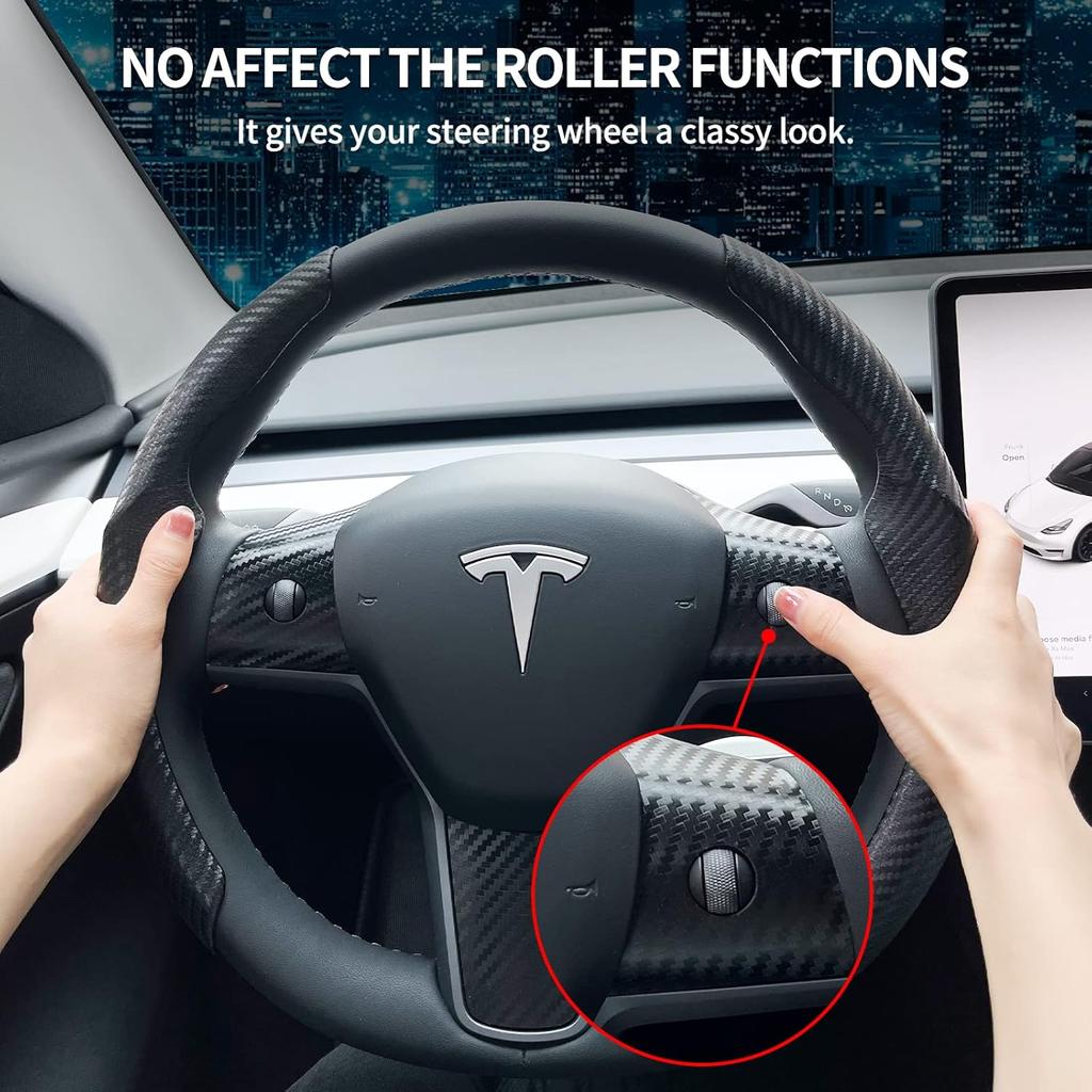 Tesla Model 3/Y Steering Wheel Cover, Carbon Fiber Steering Wheel Wrap Stickers For Tesla Model 3 Model Y 2017-   2024 Interior Accessories, Black