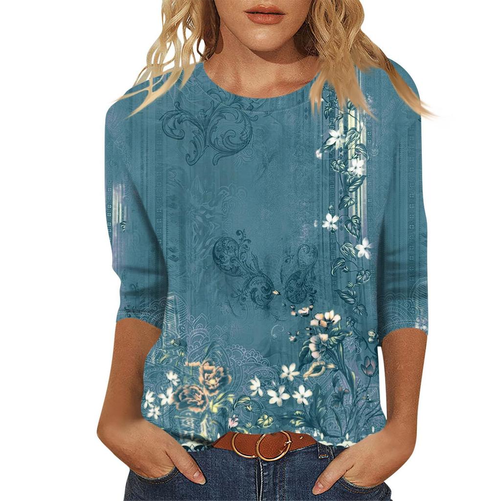 2026 Spring/Summer New Women's Fashion Printed Three-Quarter Sleeve Loose Round Neck Casual T-Shirt Top