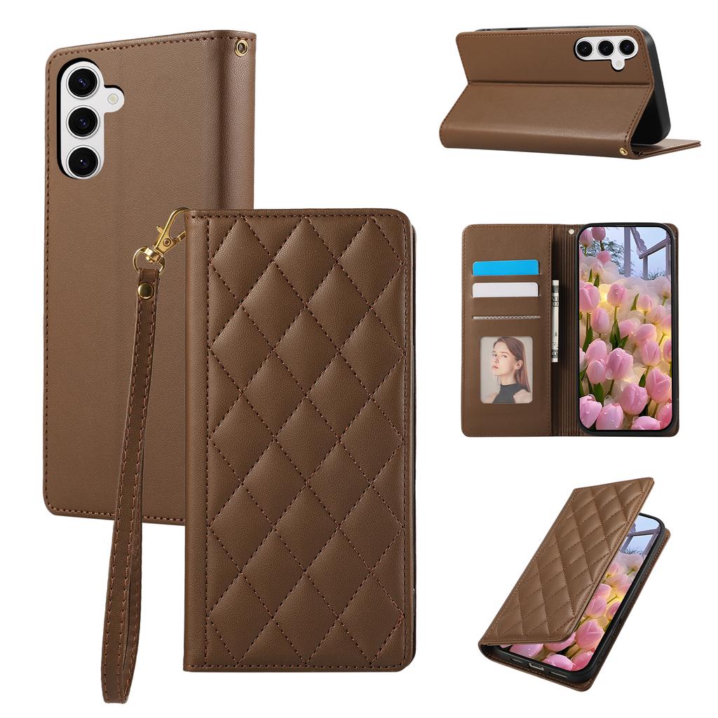 For Samsung Galaxy S25+/S24+ Case RFID Blocking Wallet Stand Rhombus Leather Phone Cover with Wrist Strap