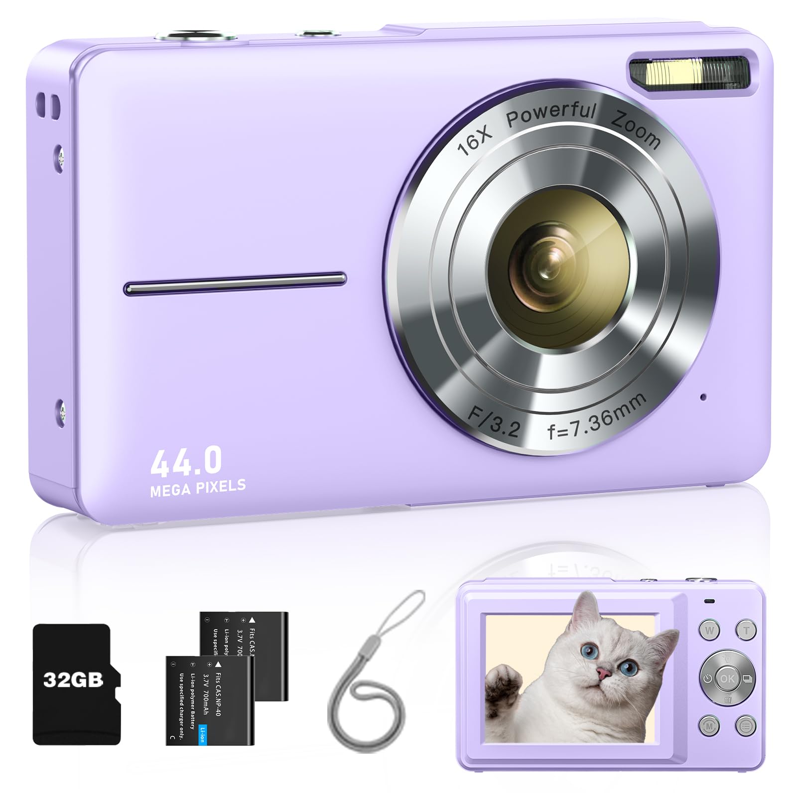 

Lecran Digital 1080P Video Auto AF HD Image USB C Inch IPS 32g Memory Card Purple Camera, 44MP, Recording, Focus, Function, Camera, Stabilization,