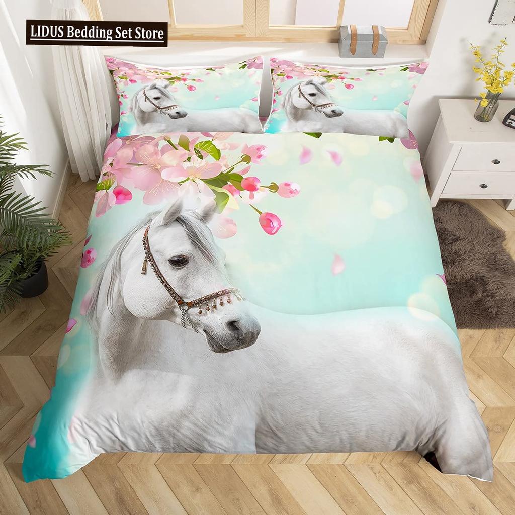 White Horse Duvet Cover Set Queen Size 3D Steed Print Bedding Sets Wildlife Comforter Cover Animals Bedspread Cover Quilt Cover