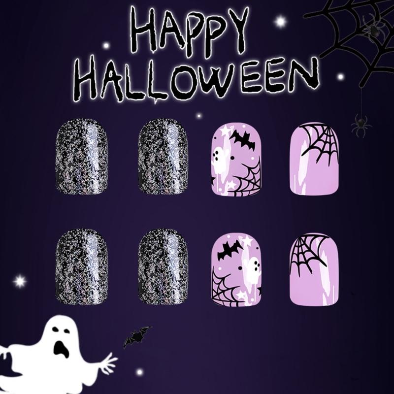 Halloween Faux Nails 24PCS Dark Cobweb Glittering Ghosty And Skeletons Easy Application For Parties