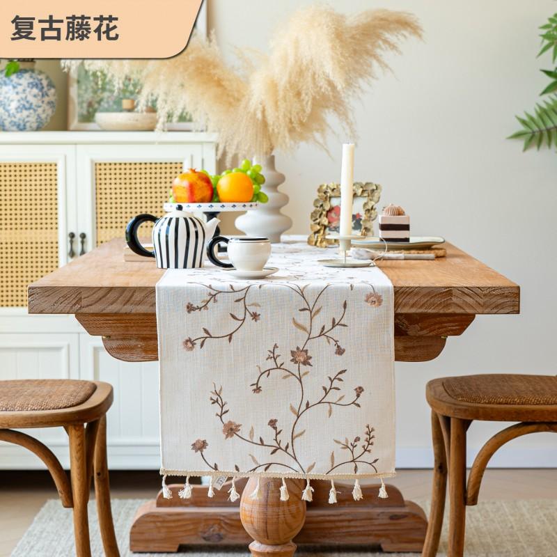 Minimalist Linen Cotton Embroidered Table Runner With Tassels Dining Decor Rustic Floral