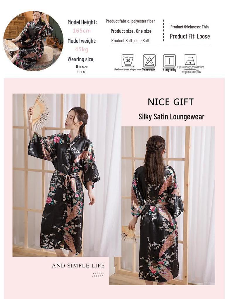 Women's Japanese-Style Satin Kimono Bathrobe with Peacock Design