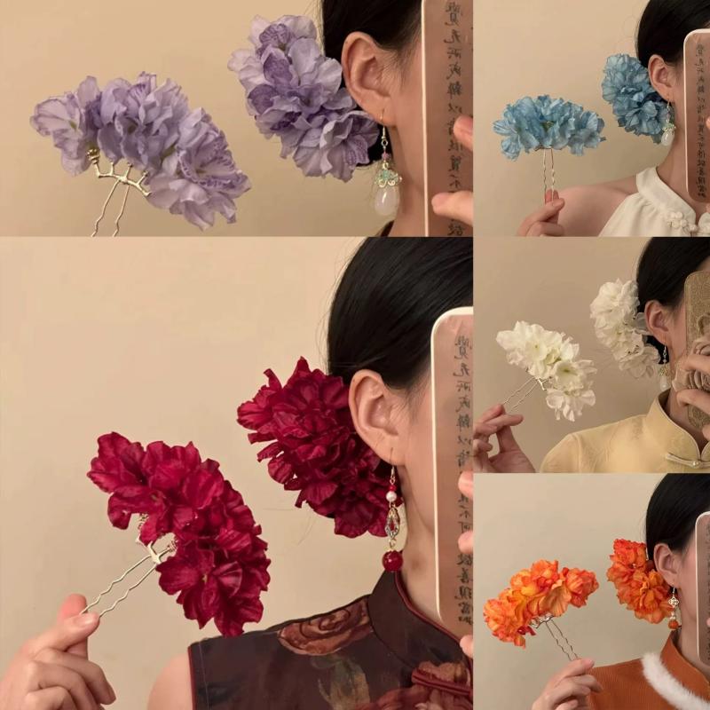 Pastoral Purple Yellow Flower Hair Pins Women Girls Sweet Fabric Floral Blossom Hair Stick Hair Accessory Travel Photo Props
