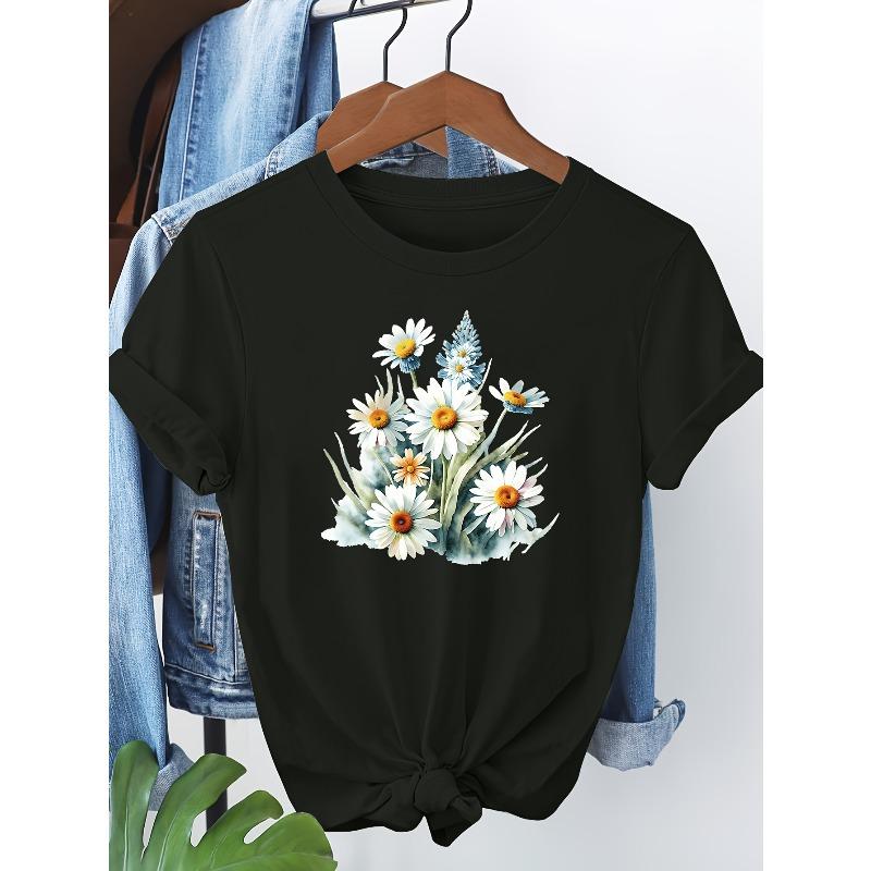

European Size Flower Festival Series Printed Short-Sleeve T-Shirt 4XL чорний
