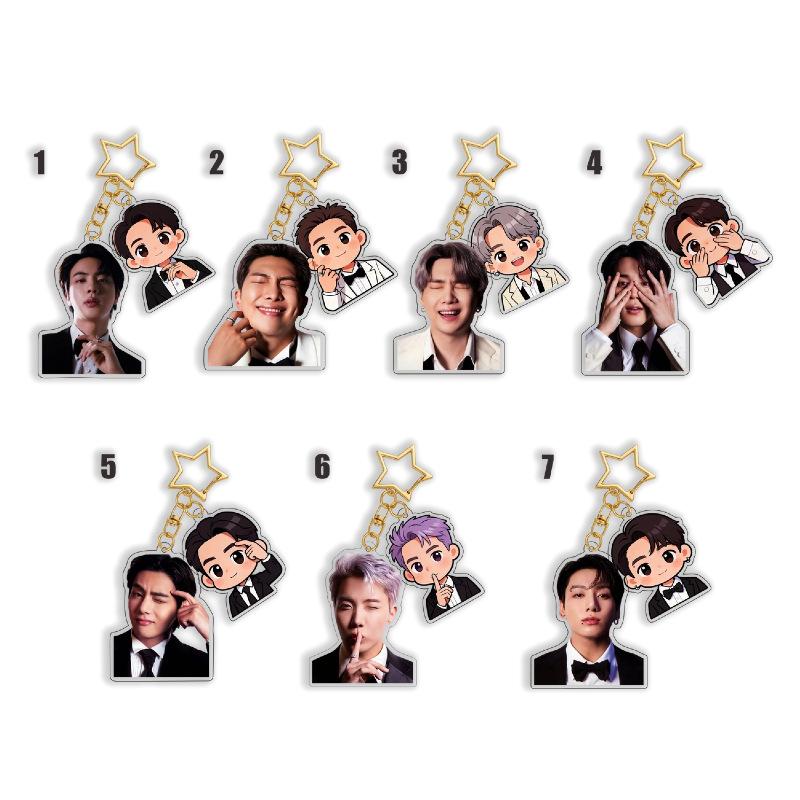 

7pcs BTS Formal Suit Double Charm Keychain, Bangtan Boys Real Photo + Cartoon Figure Keyring with Gold Star Clasp, Kpop Idol Bag Pendant for ARMY Fans 7pcs
