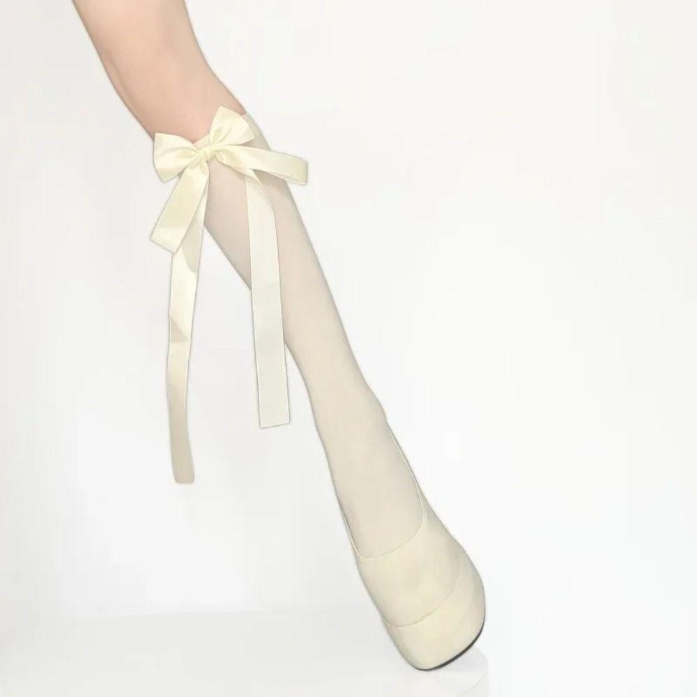 1Pair Sweet Nylon Middle Tube Sock Black White Bowknot Harajuku Sock Bowknot Sock Women