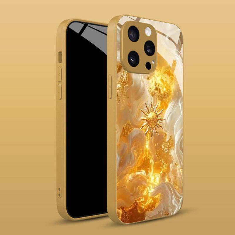 Premium Electroplated Glass Phone Case for iPhone 17 16 15 14 13 12 11pm Pro Plus. Gold Sunburst Texture for a Luxurious Finish.