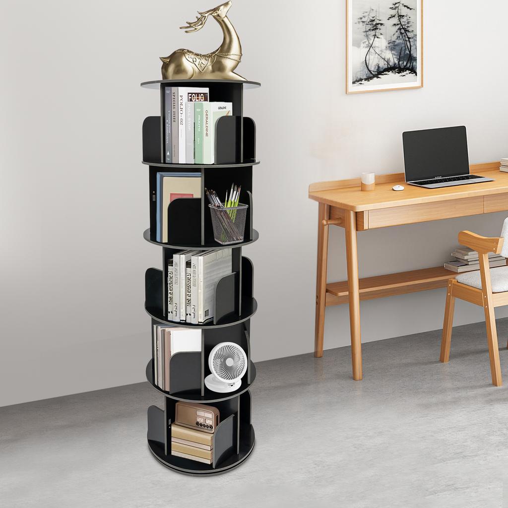 Libreria Rotante a 5 Piani Carico Massimo 100 Kg – Scaffale Portaoggetti Libreria Rotante a 360° – Organizzatore di Libri Moderno Nero da Pavimento