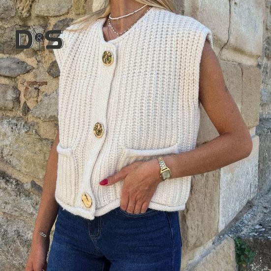 Women Sweater Vest V-neck Sleeveless Button Down Cardigan with Pockets Solid Color Loose Fit Crochet Knit Tops