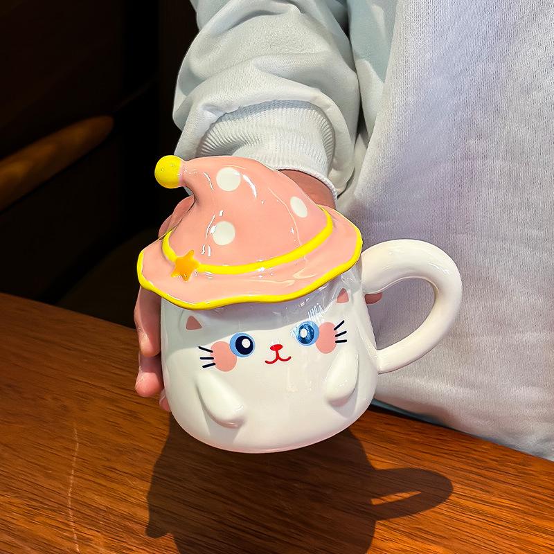 

Креативная милая кружка с кошкой и крышкой, чашка с привидением для девочек, керамическая, с мультяшным дизайном, бытовая чашка для воды 380ML