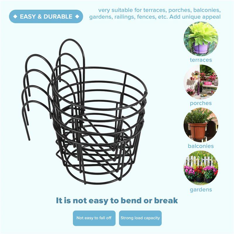 M-Modern-4Pcs Hanging Railing Planters Flower Pot Holders Plant Iron Racks Fence Metal Potted Stand Mounted Balcony Baskets