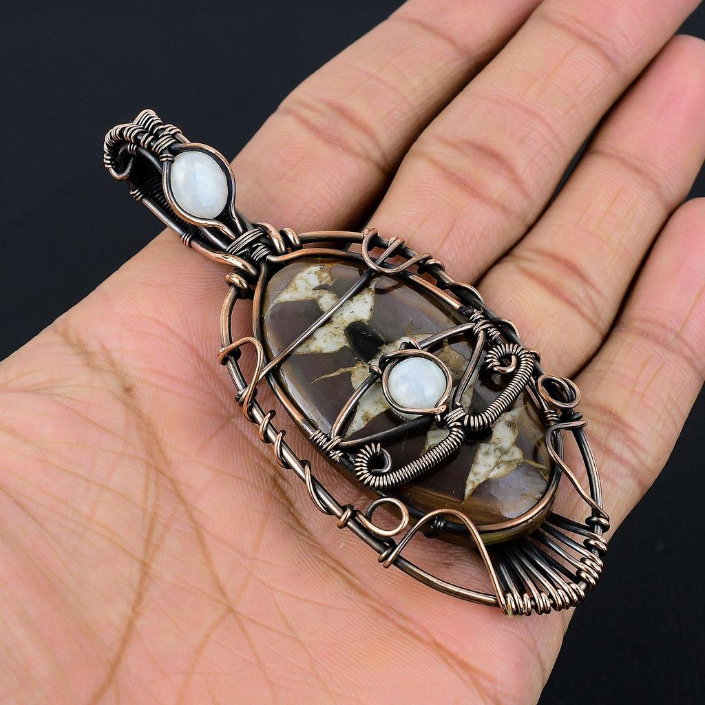 Mud Crack Fossil Pendant, 999 Copper Wire Wrapped Gemstone Jewelry, Handmade Tree Of Life Pendant, For Thanksgiving