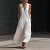 Frühling und Sommer TikTok Europäischer und Amerikanischer fauler Stil V-Ausschnitt Knöpfe Baumwolle und Leinen Langes Kleid Ärmelloses Weste Kleid Langes Kleid