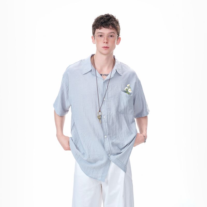 

Dream Made American Style Lazy Linen Quick-Drying Short-Sleeved Shirt for Men Summer Casual Boys Black Shirt Light Blue XL