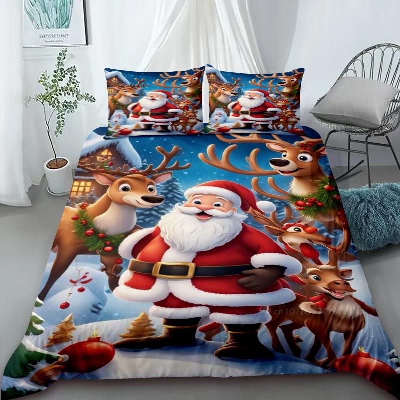 Cartoon Santa Claus Duvet Cover Elk Christmas Bedding Set With Zipper 1 Duvet Cover 2 Pillow Case Queen King Bedroom Decor