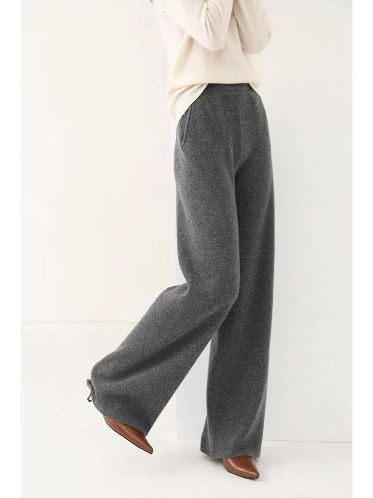 Damskie spodnie z szerokimi nogawkami ze 100% wełny z wysokim stanem na jesień/zimę - Pogrubione, ciepłe i luźne